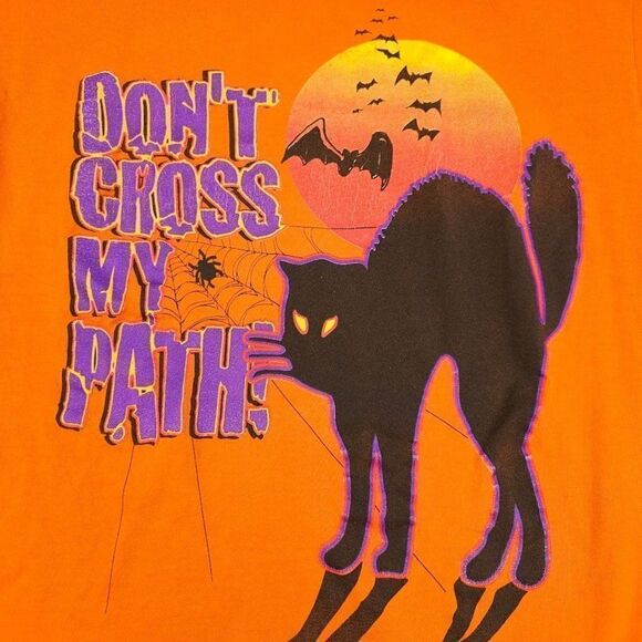 Vintage Halloween T Shirt Mens Size Large Orange 90s Black Cat Bats Spiderweb - Picture 2 of 8
